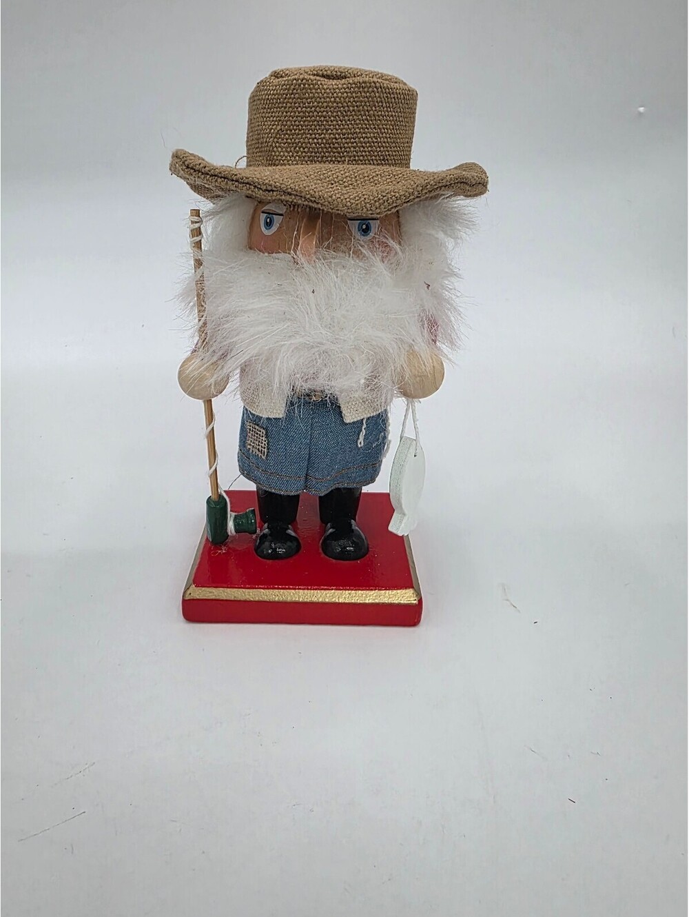 Wooden Nutcracker Figurine with Denim Outfit and Straw Hat